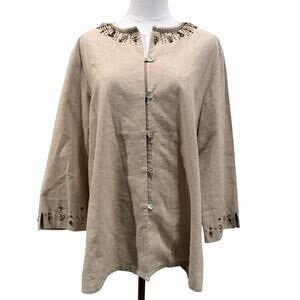 Alfred Dunner Beige Linen Blend Beaded Embellished Button Jacket 14 Resort Luxe